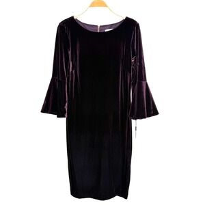 Calvin Klein Maroon Red Velvet 3/4 Bell Sleeve Sheath Dress Size 12 Stretch